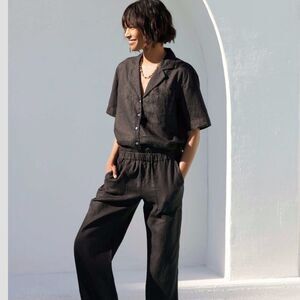 Toto N Ko Vintage 100% Linen Button Down Short Sleeve Shirt in Black S